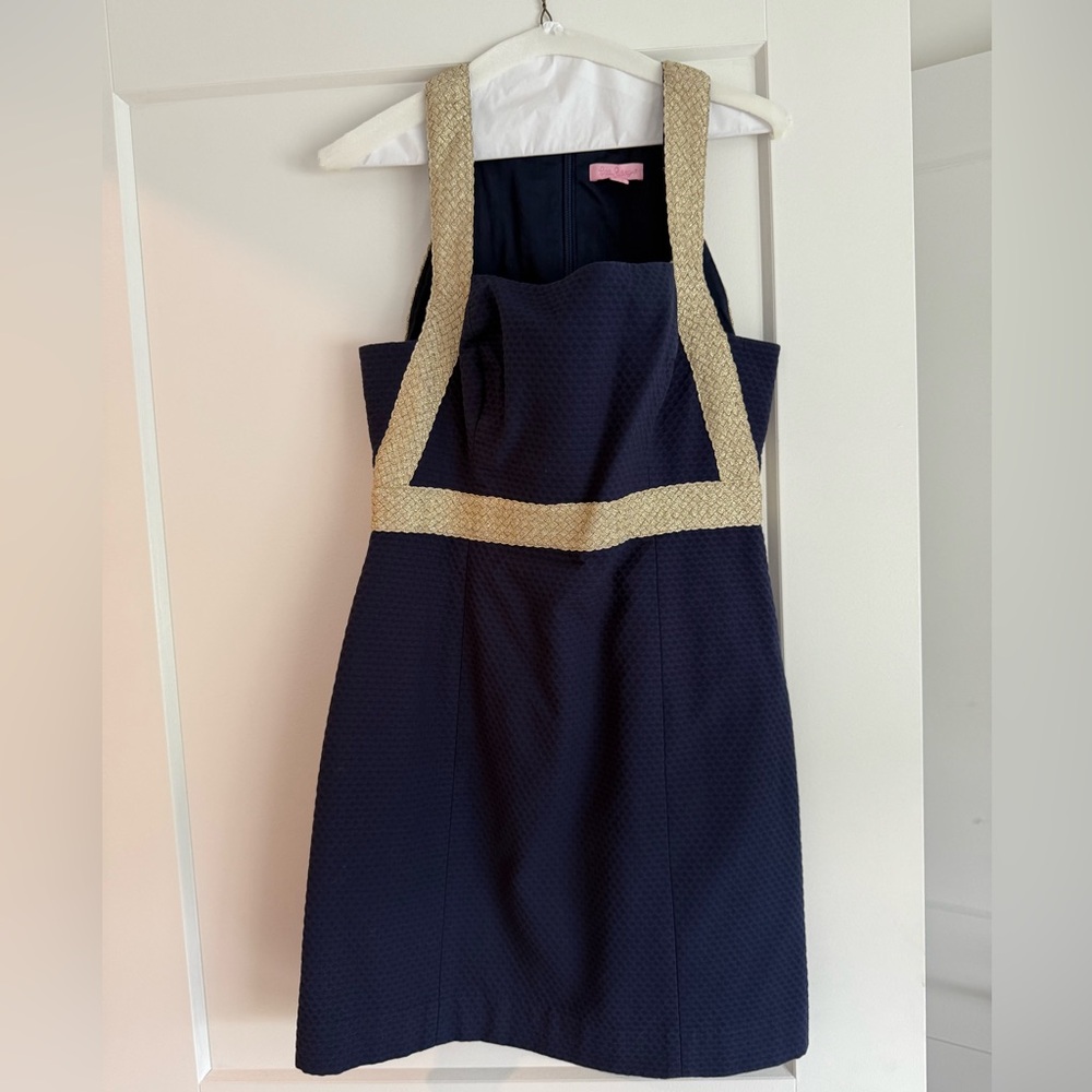 Lilly Pulitzer Tan and Blue Halter Sheath Dress for Cocktail Events